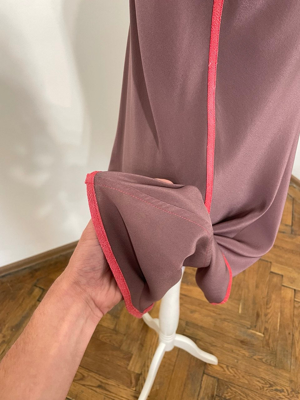 Soft V Neck Pale Purple Silk Dress with Red Dupioni Binding (Medium)