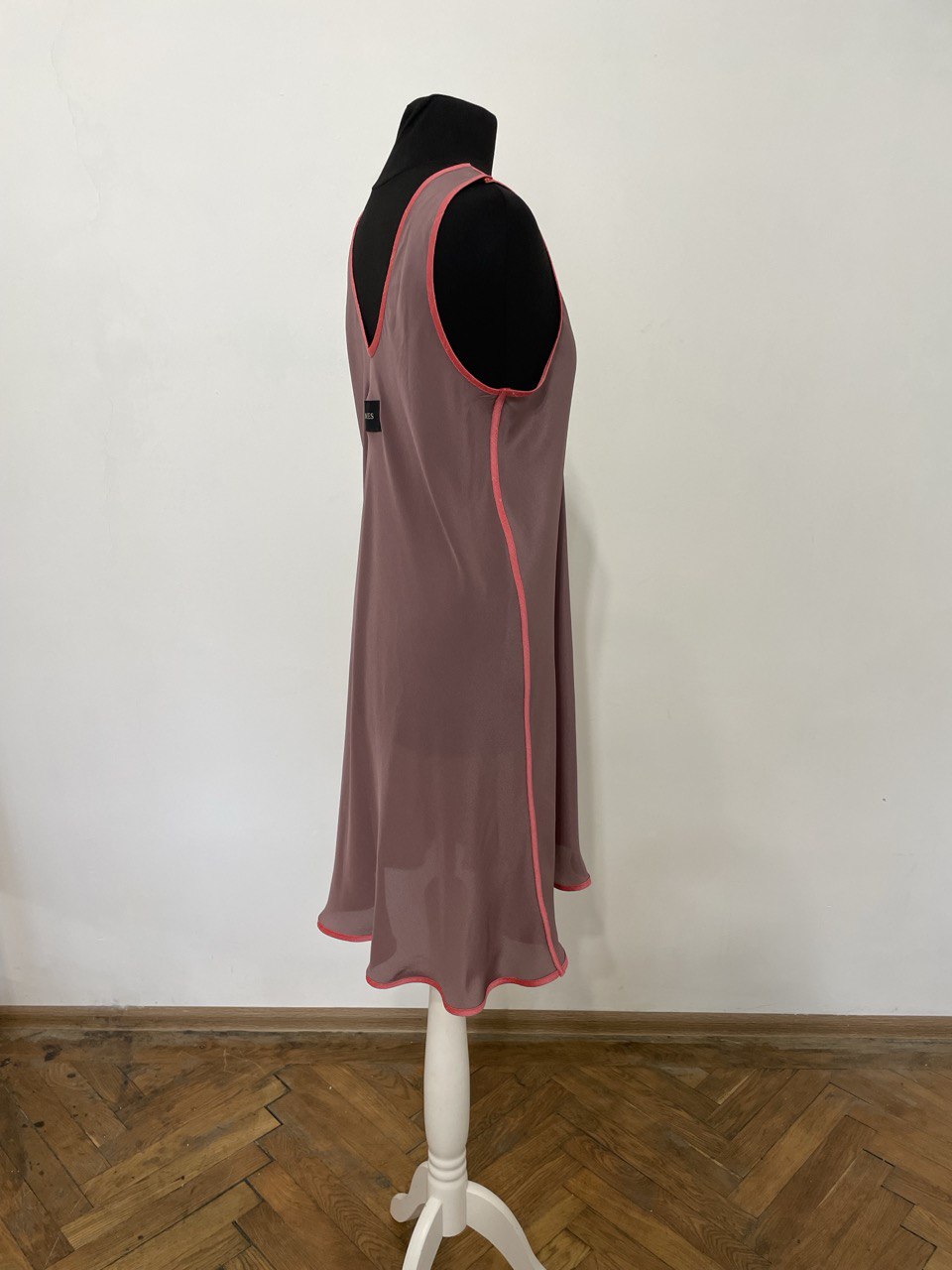Soft V Neck Pale Purple Silk Dress with Red Dupioni Binding (Medium)