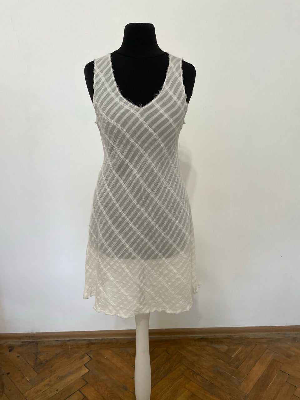 Cream Sheer Cotton Frayed Neck Dress