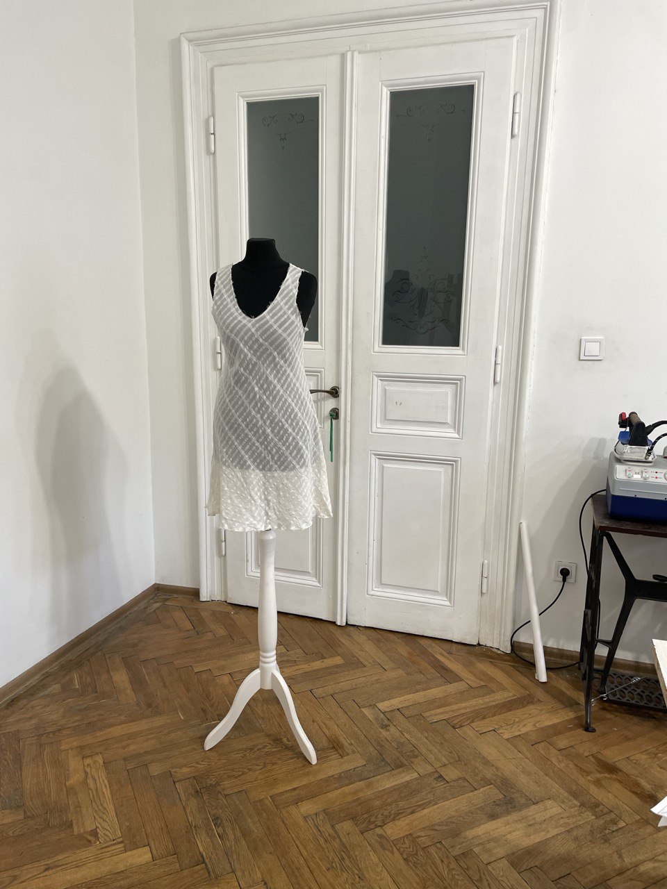 Cream Sheer Cotton Frayed Neck Dress