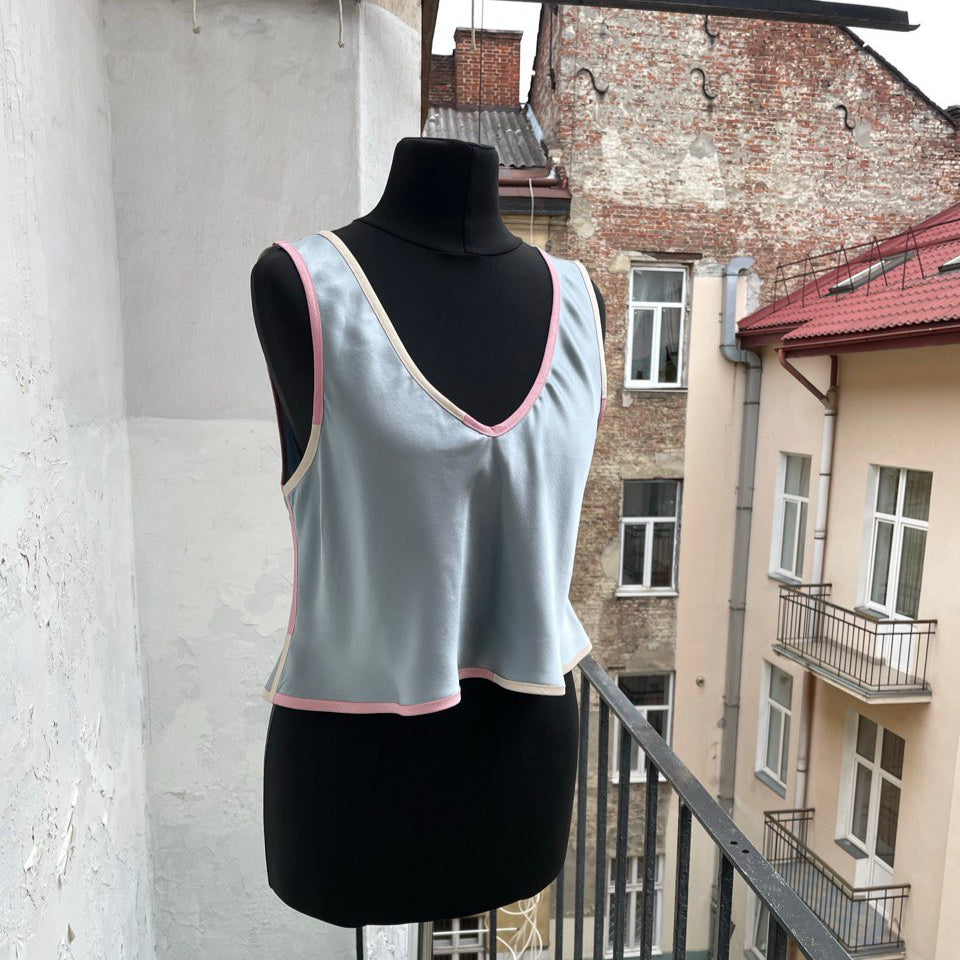 V Neck Moonlight Blue Silk Top