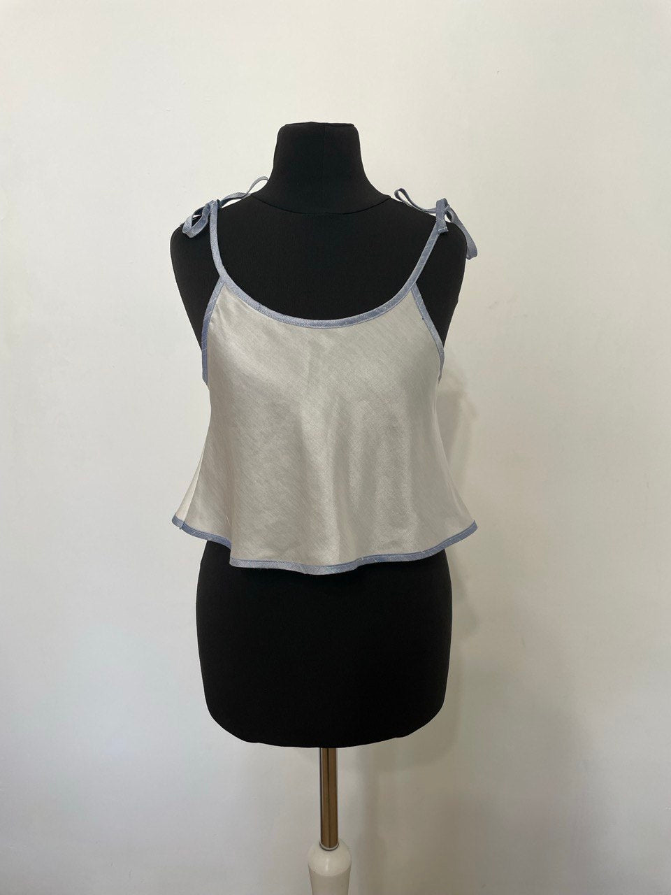 Snow White and Blue Silk Rouleau Top