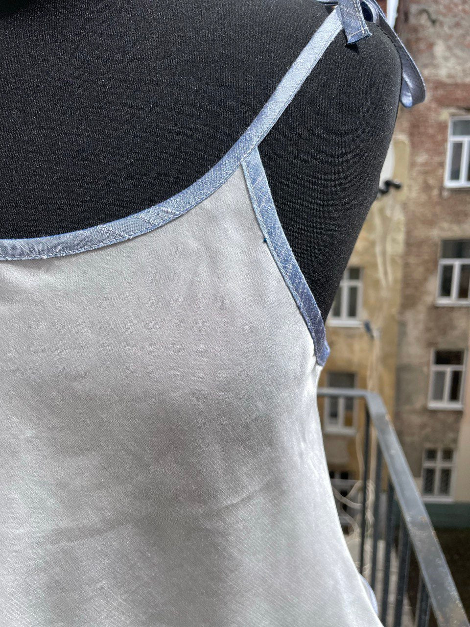 Snow White and Blue Silk Rouleau Top