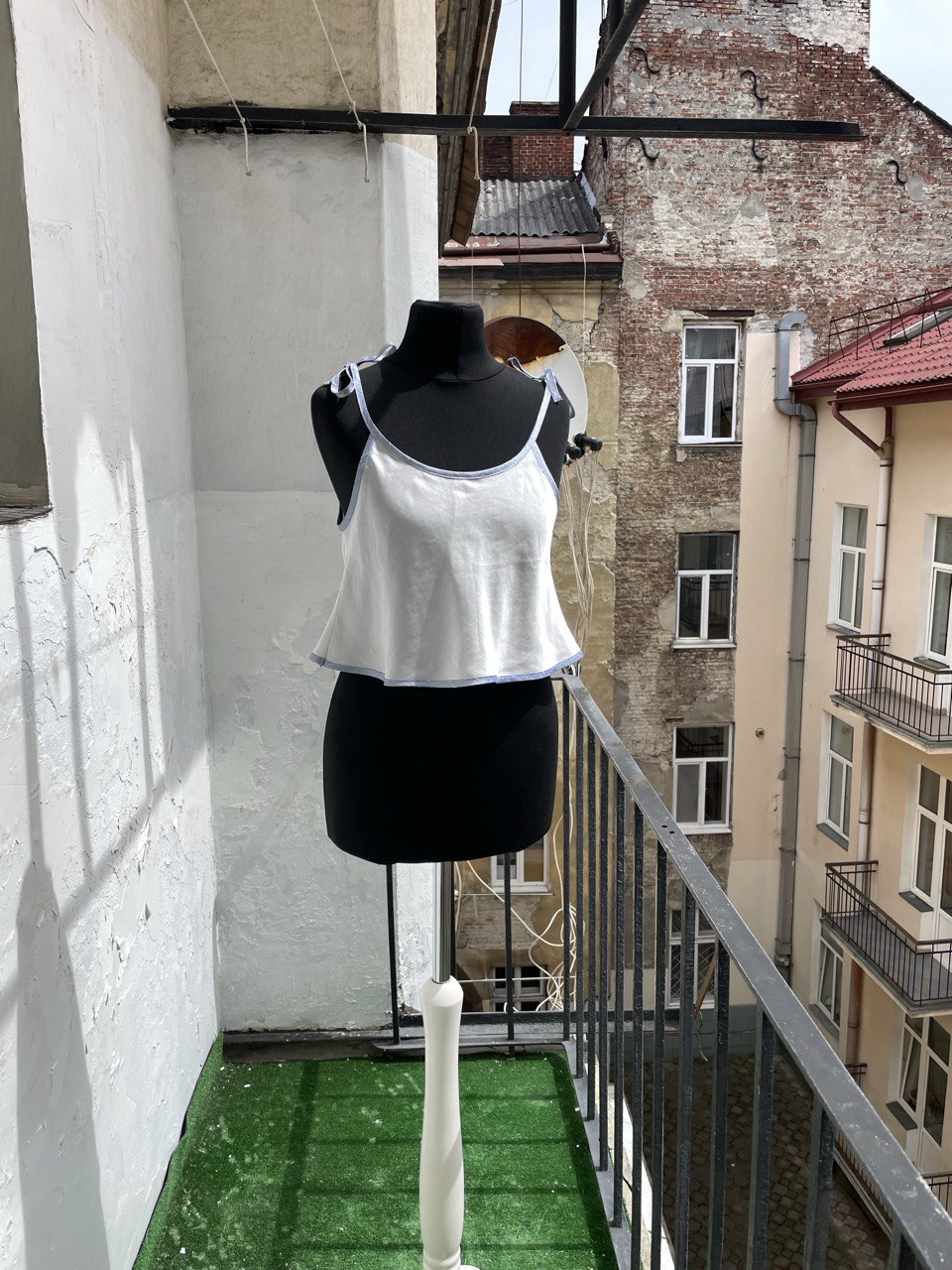 Snow White and Blue Silk Rouleau Top