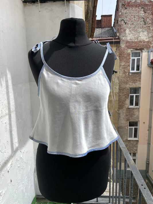 Snow White and Blue Silk Rouleau Top