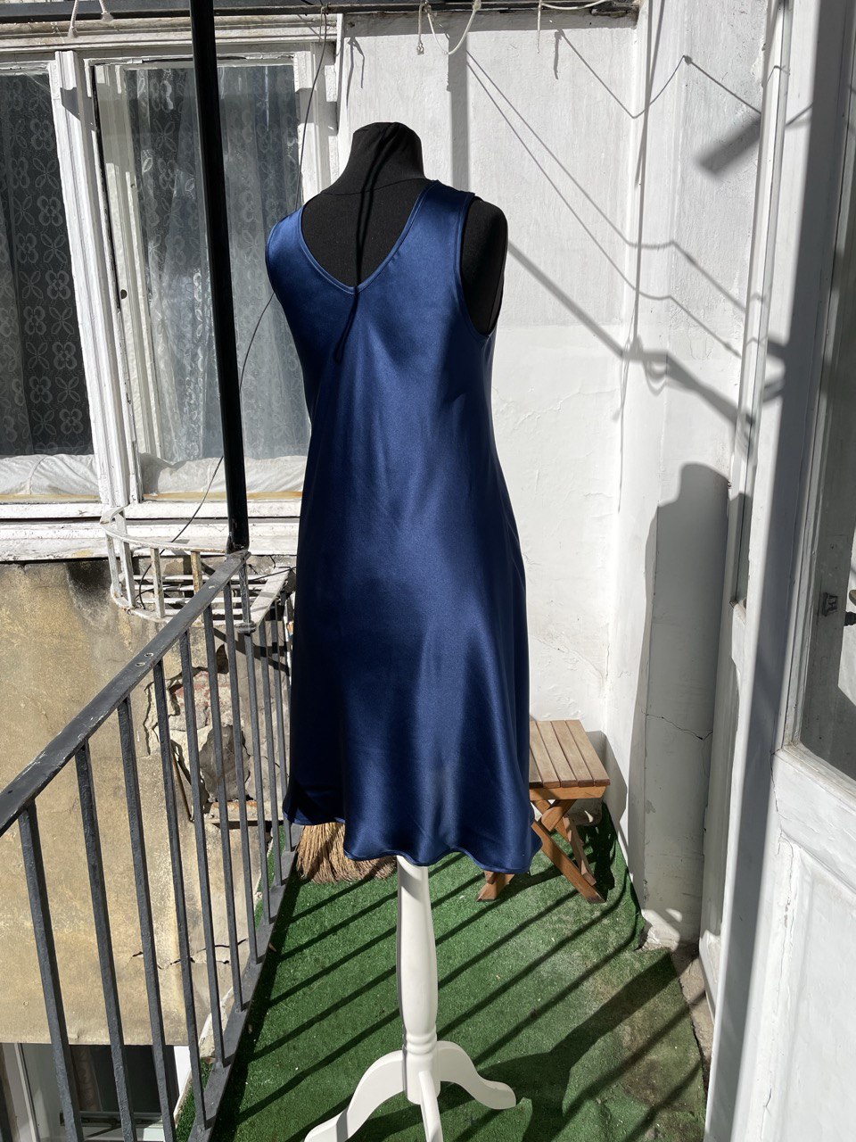 Blue Midi Silk Satin Evening Dress