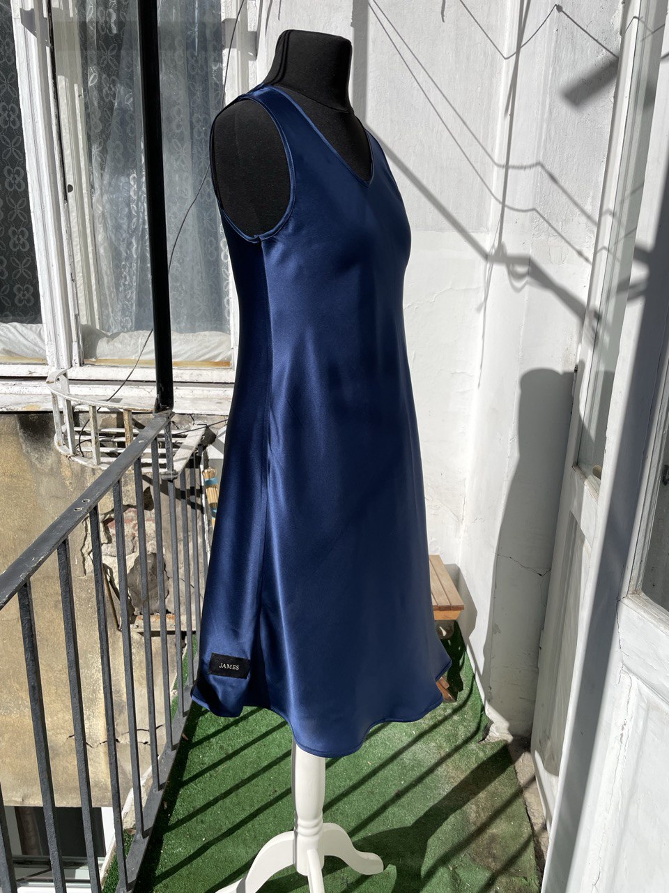 Blue Midi Silk Satin Evening Dress