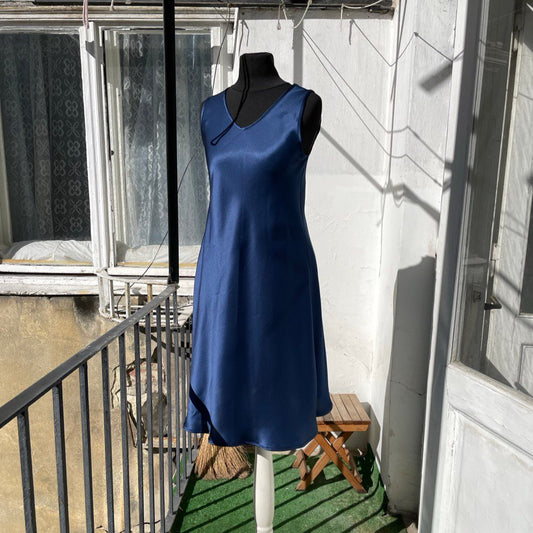 Blue Midi Silk Satin Evening Dress