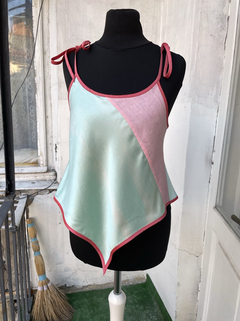 Seafoam Green and Pink Silk/ Linen Rouleu Top