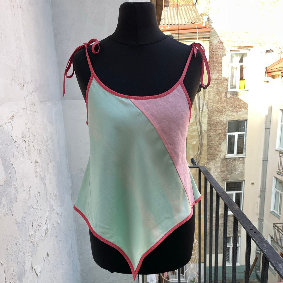 Seafoam Green and Pink Silk/ Linen Rouleu Top