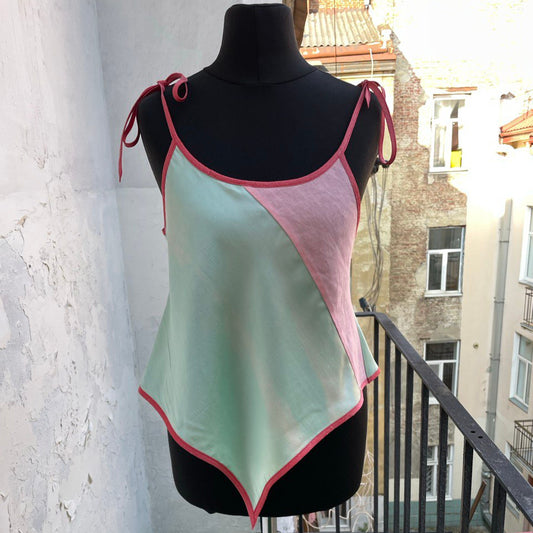 Seafoam Green and Pink Silk/ Linen Rouleu Top