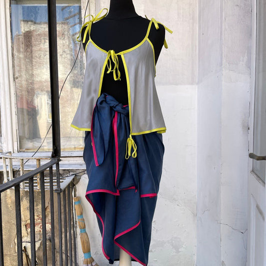 One Piece Blue Silk Wrap Tie Overskirt Skirt