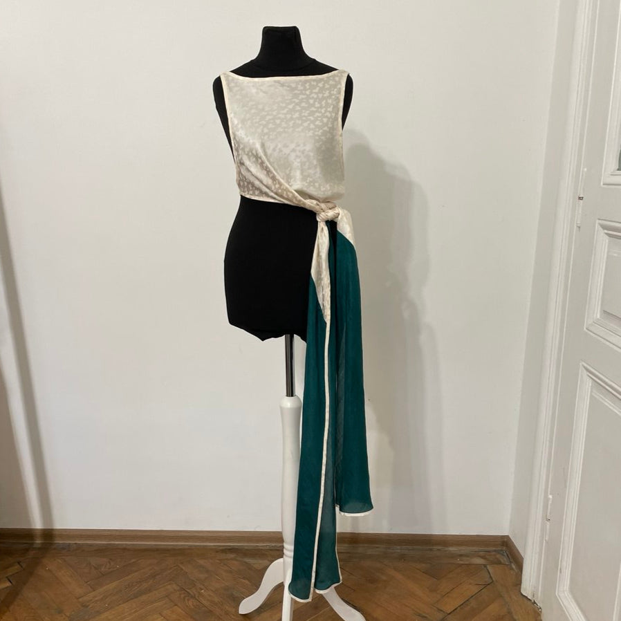 White Spotted Full Length Silk Dress Top with Green Silk Train