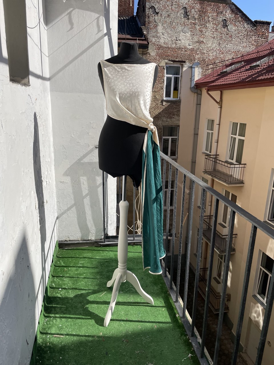 White Spotted Full Length Silk Dress Top with Green Silk Train