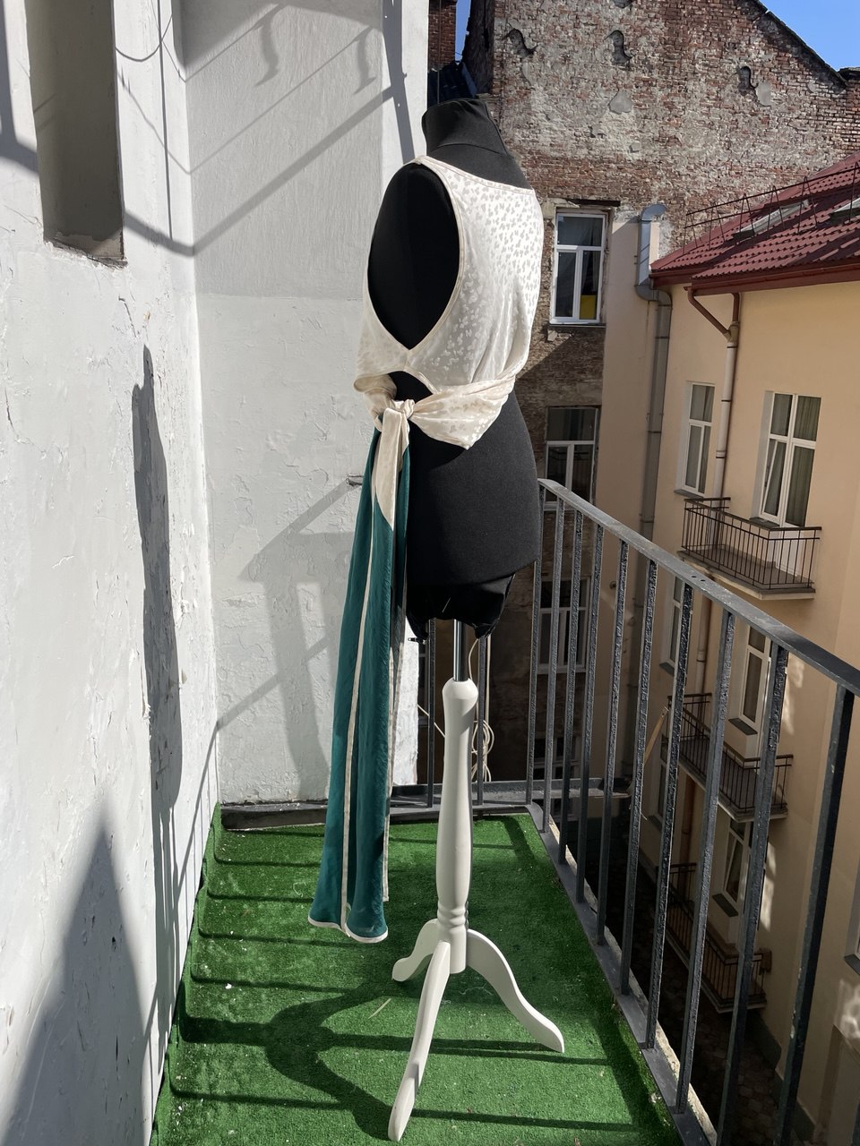 White Spotted Full Length Silk Dress Top with Green Silk Train