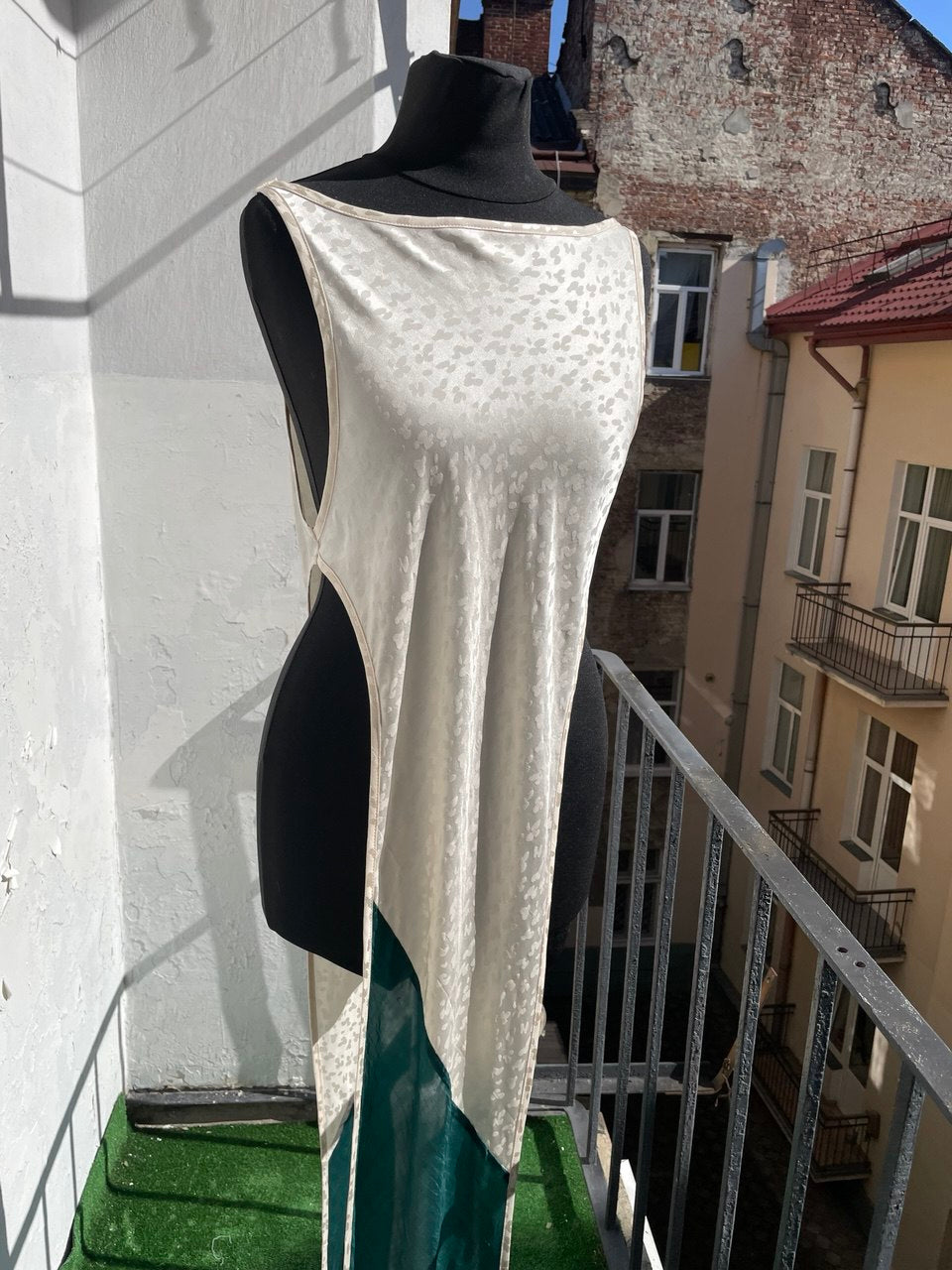 White Spotted Full Length Silk Dress Top with Green Silk Train