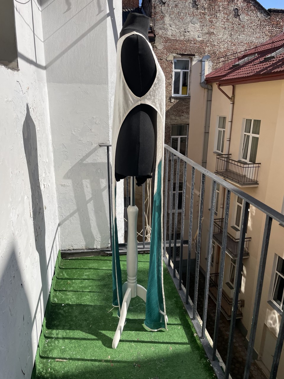 White Spotted Full Length Silk Dress Top with Green Silk Train