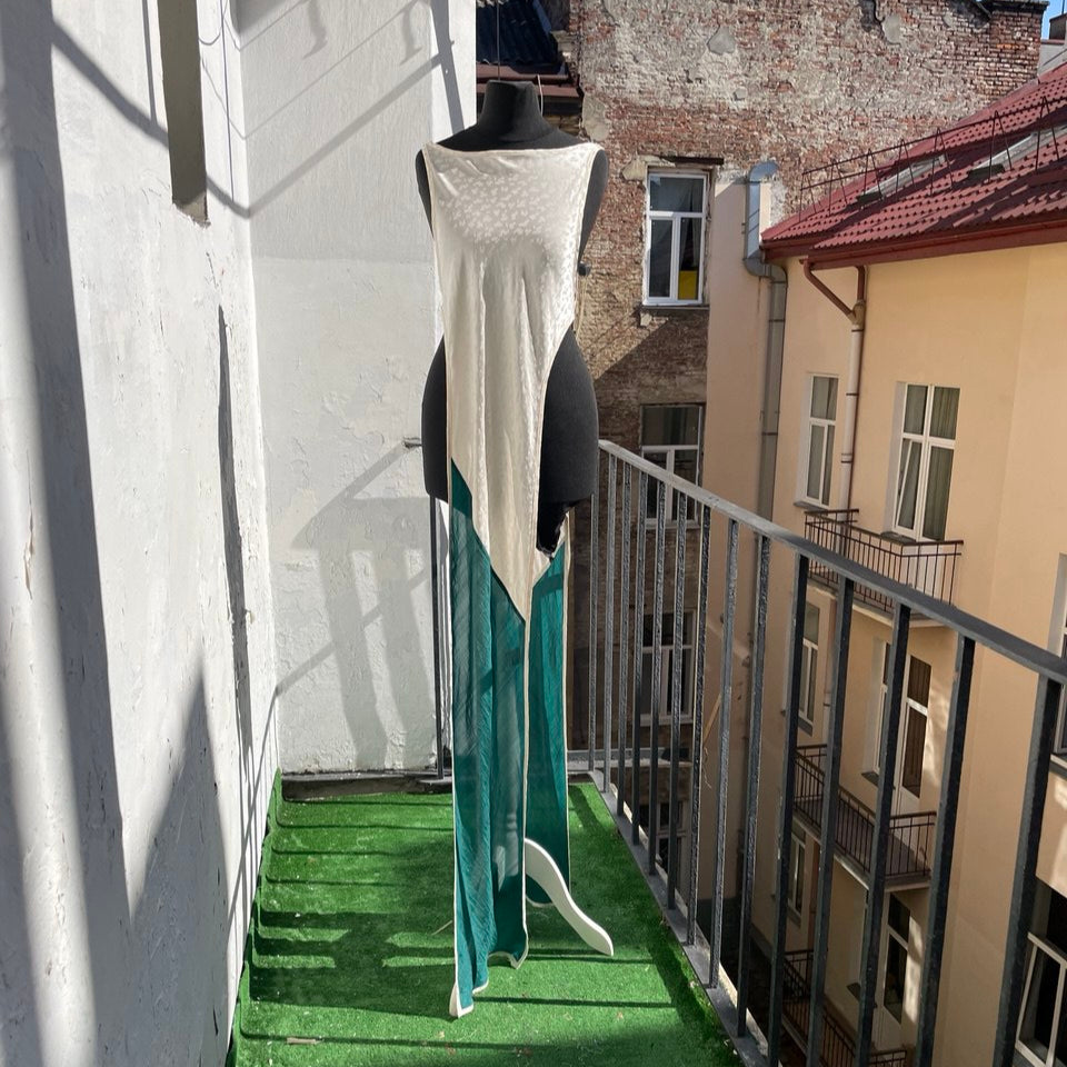 White Spotted Full Length Silk Dress Top with Green Silk Train