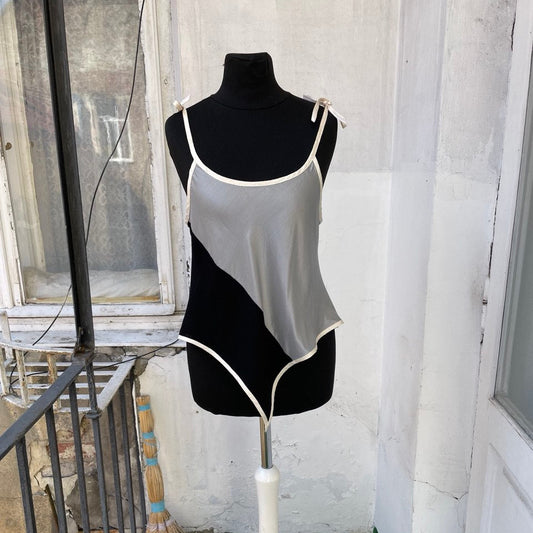Silver and Black Silk, Wool, and Cotton Rouleau Top